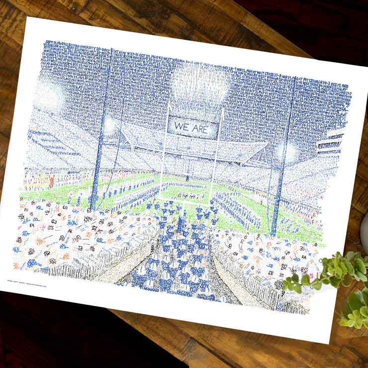 Unframed Penn State Football Stadium print made with handwritten words comprised of stats about Beaver Stadium on table.