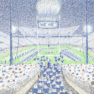 Penn State Football Stadium artwork made with handwritten words comprised of stats from Beaver Stadium era (1960-2018.)