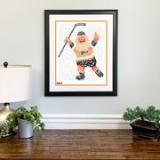 Matted and framed word art print of Gritty, Philadelphia Flyers mascot, hangs on wall, one of the best Flyers Christmas gifts.