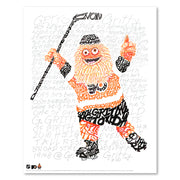 Unframed print of word art portrait of Gritty, Philadelphia Flyers mascot, his origin story handwritten in orange and black.