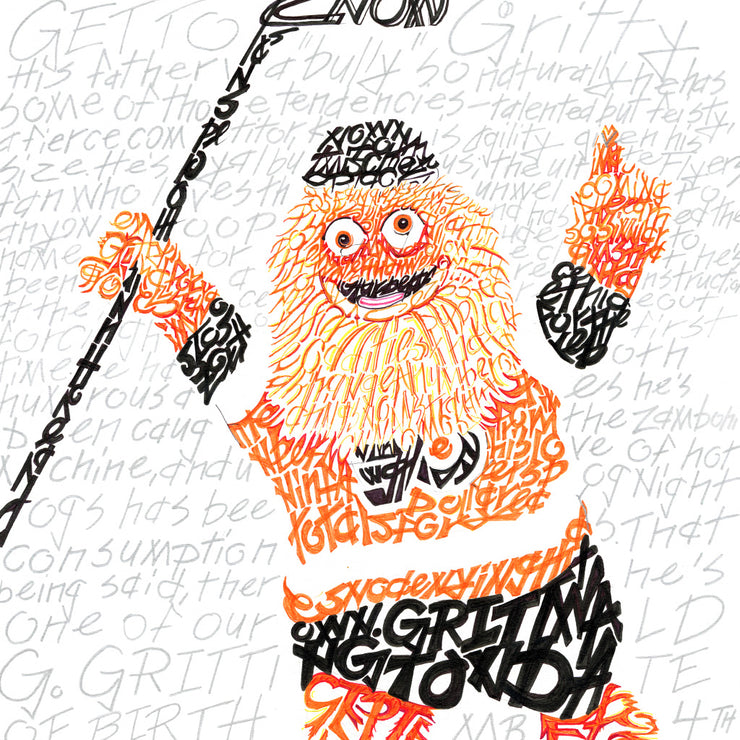 Word art portrait of Gritty, Philadelphia Flyers mascot, handwritten with text of his origin story in orange and black.