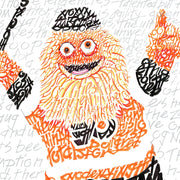 Detail of word art portrait of Gritty, Philadelphia Flyers mascot, shows his handwritten origin story forming character image.