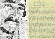 Word art Tupac drawing side-by-side with 2pac’s own handwritten lyrics for “Point the finga” on spiral notebook paper.