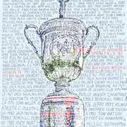 US Open Trophy artwork made in handwritten words of every year, location, and winner of the US Open (1895-2020.)