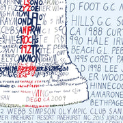 US Open Trophy art made in red and blue handwritten words of every year, location, and winner of the US Open since 1895.