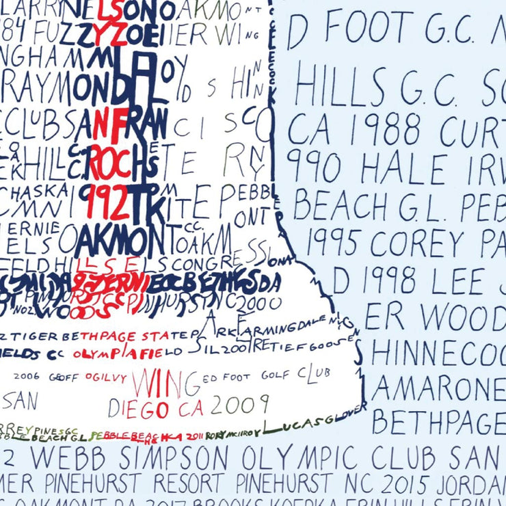 US Open Trophy art made in red and blue handwritten words of every year, location, and winner of the US Open since 1895.