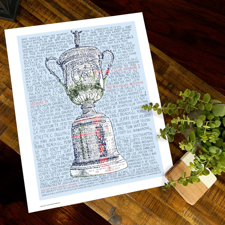  US Open Trophy artwork made in handwritten words of every year, location, and winner of the US Open since 1895 on wood table.