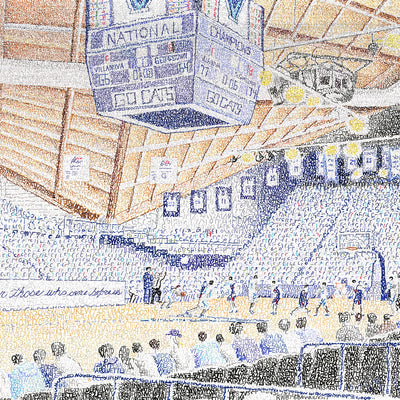 Villanova Basketball Stadium artwork made of handwritten date, score, opponent of men’s basketball games from 1985-2018.