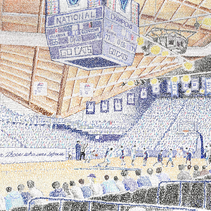 Villanova Basketball Stadium artwork made of handwritten date, score, opponent of men’s basketball games from 1985-2018.