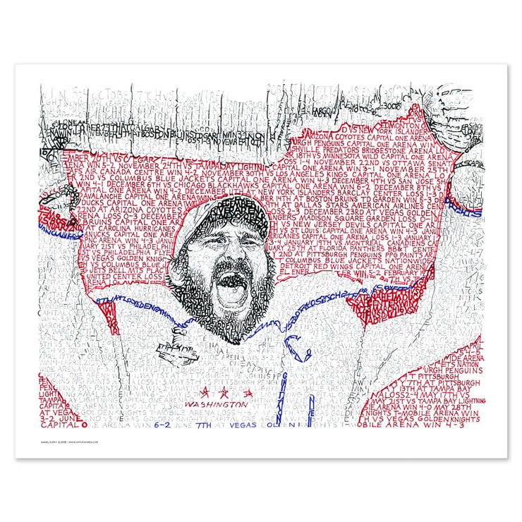 Washington Capitals gift idea of unframed art of Alex Ovechkin made with handwritten details of all Capitals games from 2018 season.