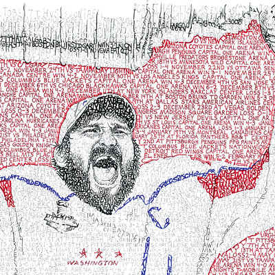 Washington Capitals gift idea art of Alex Ovechkin made with handwritten word details of all games from 2018 season.