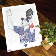 Unframed word art print of Washington Nationals outfielder Ryan Zimmerman in 2019 World Series lies flat on wooden table.
