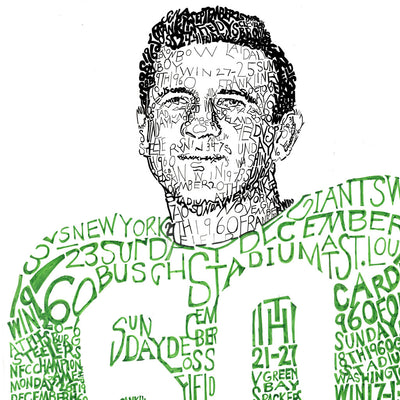 Portrait of Philadelphia Eagle Chuck Bednarik formed from record of Eagles’ 1960 season handwritten in green and black ink.