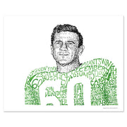 Unframed print depicts Philadelphia Eagle Chuck Bednarik, image formed from 1960 season stats handwritten in green and black ink.