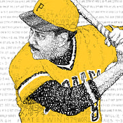 Portrait of 1979 World Series MVP Willie Stargell of 1979 Pittsburgh Pirates handwritten with season record in black and yellow.