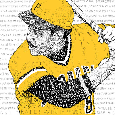 Portrait of 1979 World Series MVP Willie Stargell of 1979 Pittsburgh Pirates handwritten with season record in black and yellow.