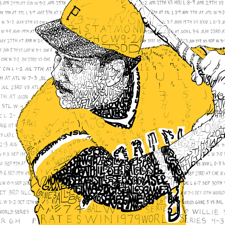 Portrait of 1979 World Series MVP Willie Stargell of 1979 Pittsburgh Pirates handwritten with season record in black and yellow.