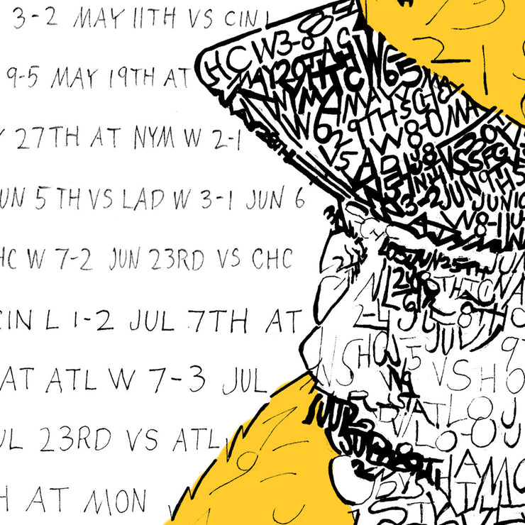 Detail of handwritten word art of 1979 World Series MVP Willie Stargell shows 1979 season stats in face, cap, and background.