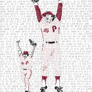 Handwritten word art depicts Mike Schmidt and Tug McGraw of 1980 Phillies celebrating Philadelphia’s 1980 World Series win.
