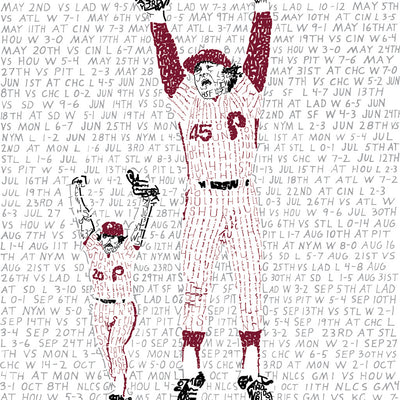 Handwritten word art depicts Mike Schmidt and Tug McGraw of 1980 Phillies celebrating Philadelphia’s 1980 World Series win.