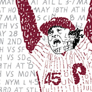 Detail of handwritten word art depicting 1980 Phillies pitcher Tug McGraw shows season stats forming player and background.