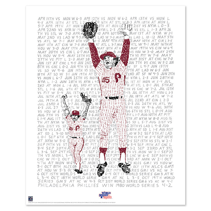 Unframed word art print depicts Mike Schmidt and Tug McGraw of 1980 Phillies celebrating Philadelphia’s 1980 World Series win.