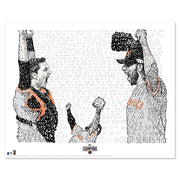 Unframed word art print of Madison Bumgarner, Buster Posey and Pablo Sandoval celebrating the SF Giants World Series win in 2014.