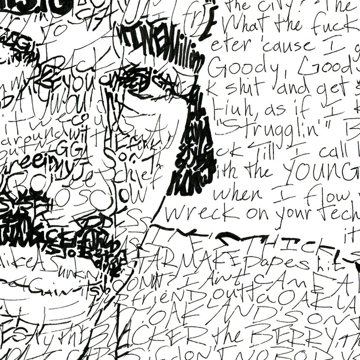 Detail of word art Tupac drawing showing how handwritten rap lyrics form his shoulder, face, and the background.