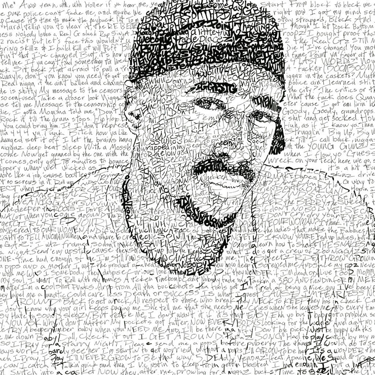 Word art drawing of Tupac Shakur in t-shirt and cap, handwritten with selected rap lyrics, is among the best Tupac gifts.