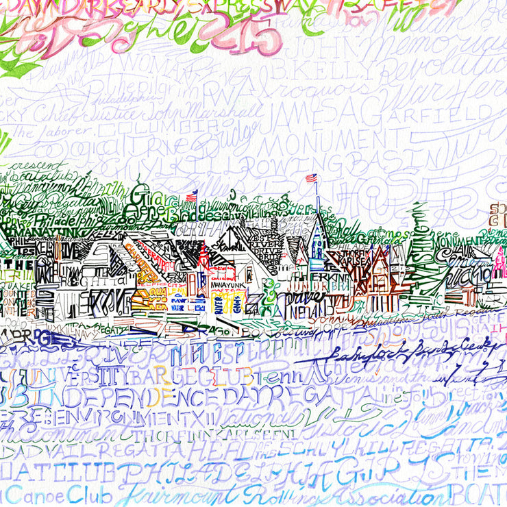 Boathouse Row artwork offers view formed by handwritten names of bridges, roads, regattas and monuments around Kelly Drive.