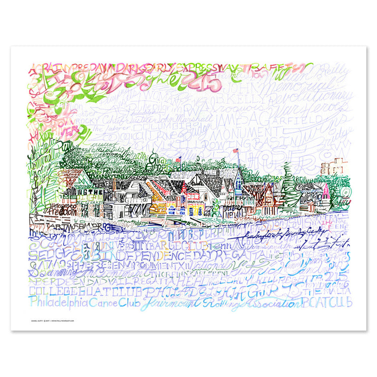 Unframed Boathouse Row artwork print is view formed by handwritten names of local bridges, roads, regattas and monuments.