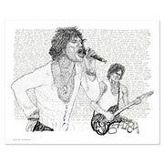 Rolling Stones gift art of Jagger and Richards made of handwritten song titles from the band’s first 20 years on table.