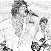 Illustrated Rolling Stones art of Jagger and Richards made of handwritten song titles from the band’s first 20 years.