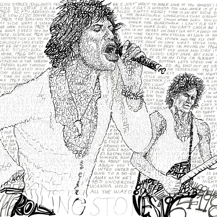 Illustrated Rolling Stones art of Jagger and Richards made of handwritten song titles from the band’s first 20 years.