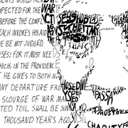 Detail of Abraham Lincoln art showing how handwritten Second Inaugural text forms right side of his face and background.