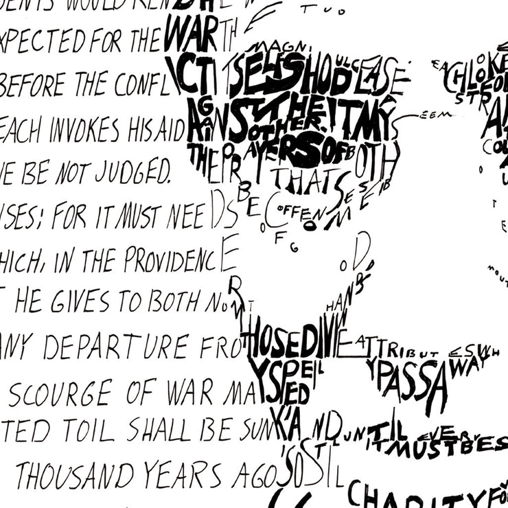 Detail of Abraham Lincoln art showing how handwritten Second Inaugural text forms right side of his face and background.