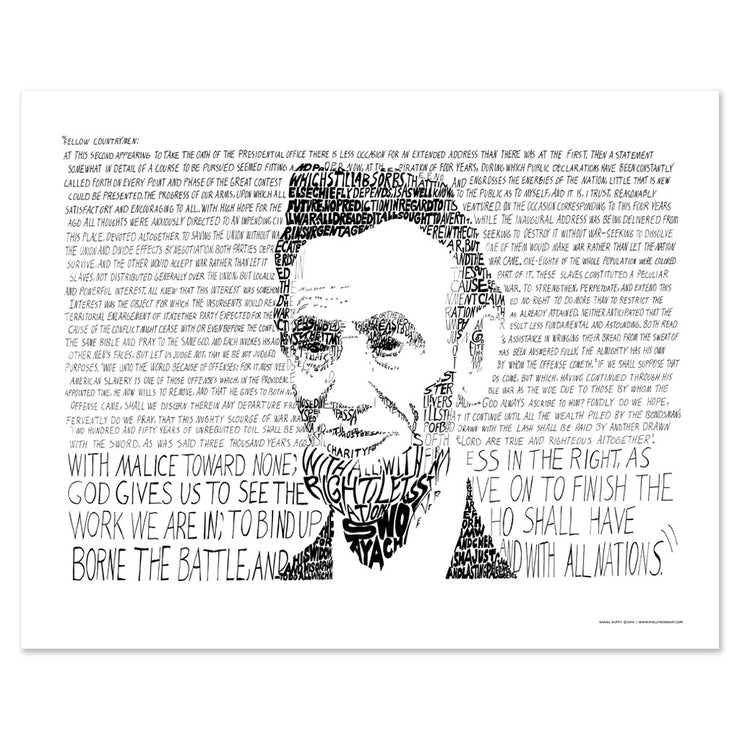 Unframed print of Abraham Lincoln art, his portrait handwritten with text of his Second Inaugural Address.