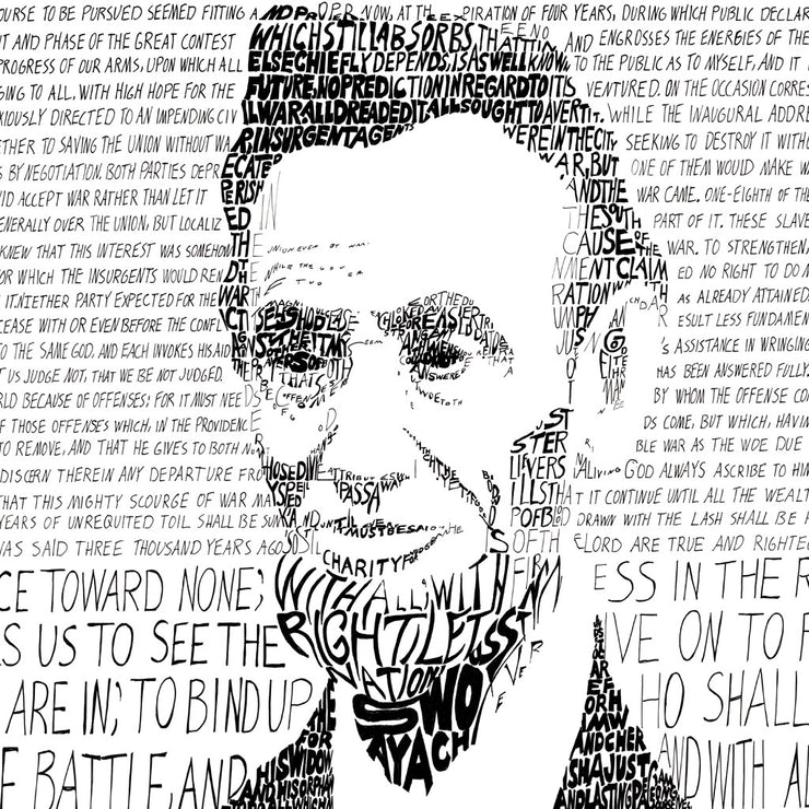 Word art portrait of Abraham Lincoln, handwritten with his Second Inaugural Address, one of the best Abraham Lincoln gifts.