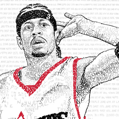 Word art portrait of Allen Iverson, handwritten with his 2000-01 season stats, is one of the best Philadelphia 76ers gifts.