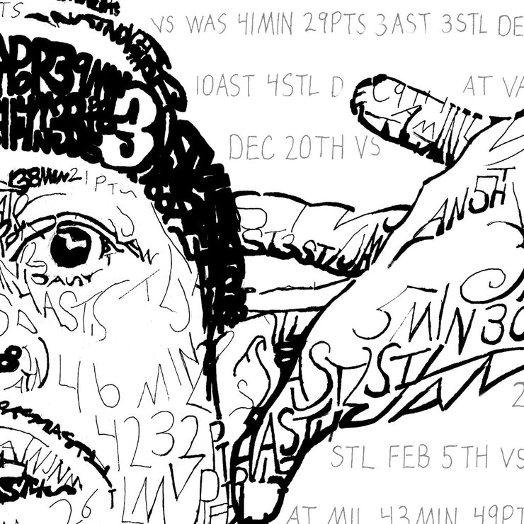 Detail of one of the best Allen Iverson gifts shows how handwritten stats form left side of his face and hand cupped to his ear.