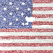American flag art is image of original “star-spangled banner” formed by National Anthem lyrics written in red, white, and blue.