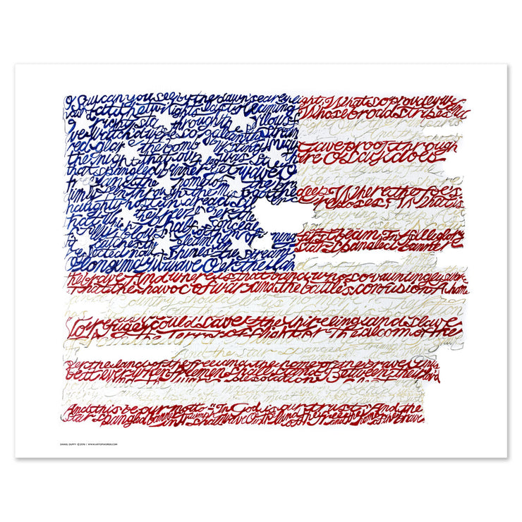 Unframed print of American flag art: handwritten National Anthem lyrics form image of flag that flew over Fort McHenry.
