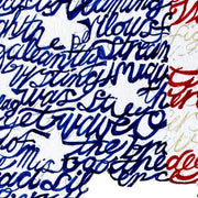 Detail of American flag art shows handwritten National Anthem lyrics form red and white stripes, white stars, and blue field.