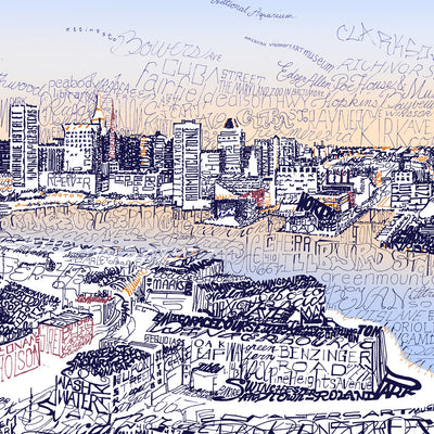 Baltimore wall art is view of Baltimore skyline formed from handwritten names of streets, neighborhoods, and landmarks.