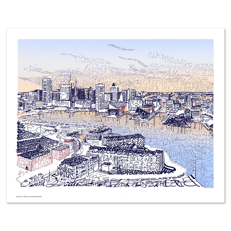 Unframed Baltimore wall art print offers view of Baltimore skyline formed from handwritten street and landmark names.