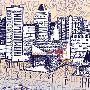 Detail of Baltimore skyline art print shows handwritten names of local streets and landmarks forming Inner Harbor scene.