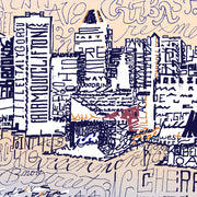 Detail of Baltimore skyline art print shows handwritten names of local streets and landmarks forming Inner Harbor scene.