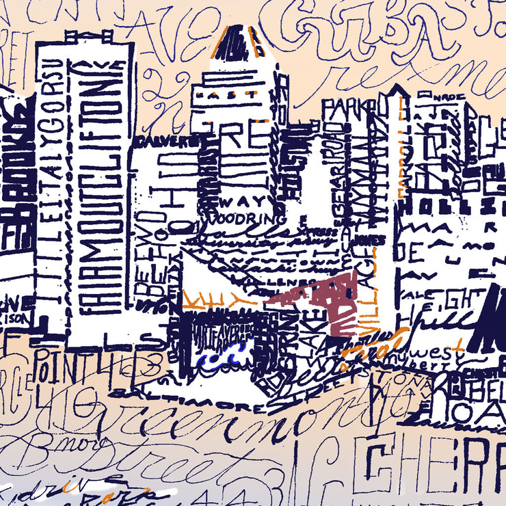 Detail of Baltimore skyline art print shows handwritten names of local streets and landmarks forming Inner Harbor scene.