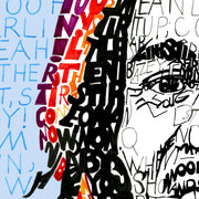 Detail of Bob Marley artwork shows how handwritten “Stir It Up” lyrics form right side of his face and rasta tam.