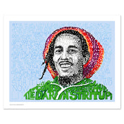 Unframed Bob Marley artwork print is portrait of the reggae pioneer in rasta tam, handwritten with his lyrics to “Stir It Up.”